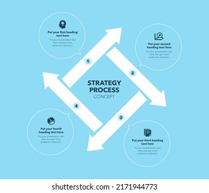 Concepto de proceso de estrategia con cuatro etapas y lugar para su descripción - versión azul. Plantilla de diseño de infografía plana para sitio web o presentación.