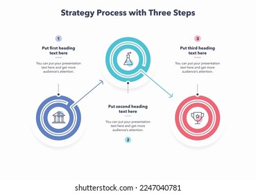 Strategy process template with three colorful steps. Simple flat template for data visualization.