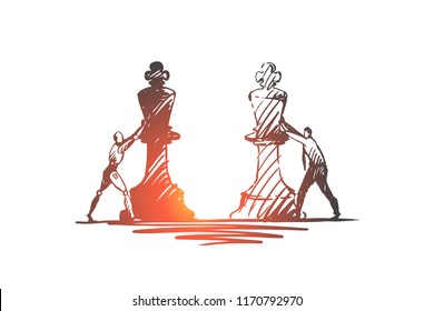 Strategy, purpose, HCI, automation, technology, businessman concept. Hand drawn human and robot playing chess concept sketch. Isolated vector illustration.