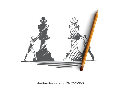 Strategy, purpose, HCI, automation, technology, businessman concept. Hand drawn human and robot playing chess concept sketch. Isolated vector illustration.