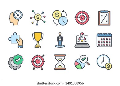 Strategy related color line icon set. Business analytics and marketing action colorful linear icons. Plan and forecast flat color outline vector signs and symbols collection.