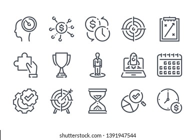 Strategy related line icon set. Business analytics and marketing action linear icons. Plan and forecast outline vector signs and symbols collection.