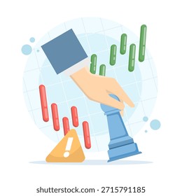 Strategy risk concept with hand holding chess piece and danger icon. Vector illustration for business decisions, strategic planning, risk management, and competition analysis.