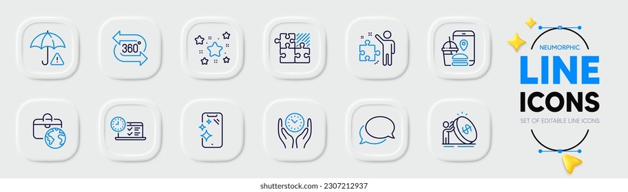 Strategy, Risk management and Safe time line icons for web app. Pack of Smartphone clean, 360 degree, Messenger pictogram icons. Inflation, Global business, Stars signs. Food app. Vector