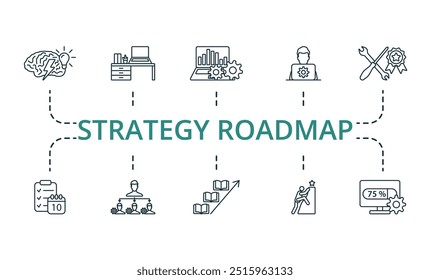 Strategie Roadmap dünne Linie Symbolsatz. Einfarbige, einfache Strategie-Roadmap-Symbolsammlung. Brainstorming, Workplace, Projektmanagement, Computeringenieur, Premium Service, Planung, Koordination