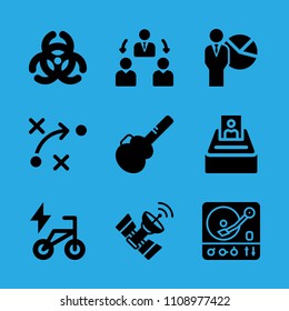 strategy, satellite, bike, presentation, turntable, guitar protector, manager, selection and biological hazard vector icon. Simple icons set