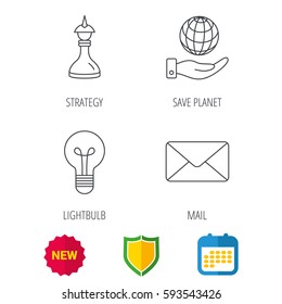 Strategy, save planet and mail envelope icons. Lamp lightbulb linear sign. Shield protection, calendar and new tag web icons. Vector
