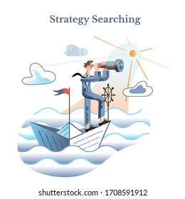 Strategy searching flat vector illustration. Businessman on paper boat looking in spyglass. Entrepreneur in formal wear cartoon character. Business plan, startup idea. Looking for new opportunity