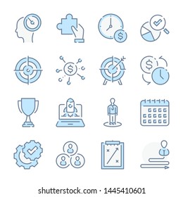 Strategy, Seo, Business Analytics And Marketing Startup Related Blue Line Colored Icons.