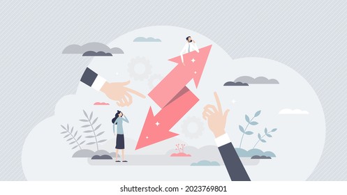 Strategy shift and business direction change to opposite tiny person concept. Flexibility and efficient decision making in disruption situation as successful businessman attitude. Motion variation.