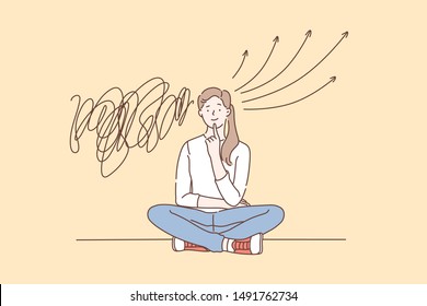 Strategy, solution, brainstorm concept. A young woman solves a puzzle and finds a solution. Concentrated student girl thinking or looks for the answer to a question. Simple flat vector.