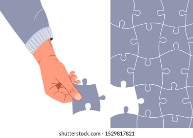 Strategy solution concept vector background. Man hand holding last piece puzzle of big jigsaw. Final solve. Business problem decision in cartoon flat style. Top view.