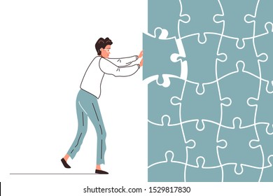 Strategy solution concept vector background. Man push final piece puzzle of big jigsaw. Decision process. Business problem solve design in cartoon flat style.