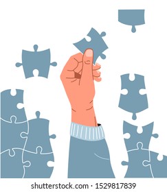 Strategy solution concept vector background. Man hand holding piece puzzle, jigsaw parts are scattered. Decision process. Business problem solve in cartoon flat style.