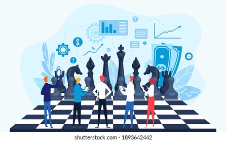 Strategy, strategic management vector illustration concept. Businesspeople on chessboard, data analysis, strategy planning and successful business. Managers strategist in marketing process.