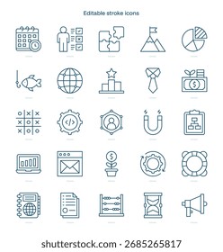Icono de trazo de estrategia. Conjunto de iconos de línea de estrategia. paquete de iconos de trazo editable