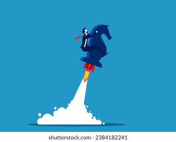 Strategy for success. Businessman flying with chess horse knight