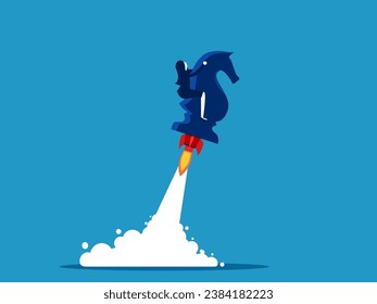 Strategy for success. Businesswoman flying with chess horse knight