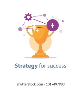 Strategy For Success, Win Prize, Reward Program, Golden Cup, Game Trophy, Award Ceremony, Big Accomplishment, First Place Bowl, Vector Icon, Flat Illustration