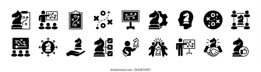 Strategy for successful business achievement icon vector set. Contains management, action plan, creativity, planning, discussion, cooperation, solution, steps, goal and good work learning idea