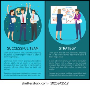 Strategy and successful team, collection of banners with text samples and headlines, people with prize and confetti, isolated on vector illustration
