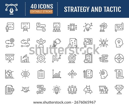 Strategy and tactic line editable icon set.
Containing plan, goal, rule, trick and more.
Editable stroke. Vector illustration