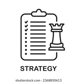 Icono de estrategia y línea táctica. Plan estratégico en el pictograma lineal del portapapeles. Símbolo de esquema de marketing del servicio de entrega. Firma de administración de juegos de equipo. Stroke editable. Ilustración de vectores aislados.