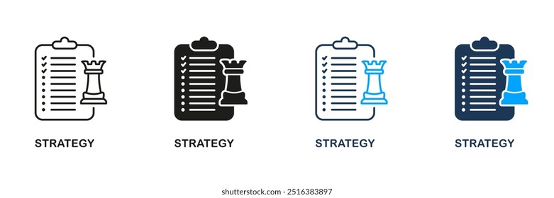 Strategy and Tactic Line and Silhouette Icon Set. Strategic Plan on Clipboard Pictogram. Delivery Service Marketing Symbol. Team Game Management Sign. Editable Stroke. Isolated Vector Illustration.