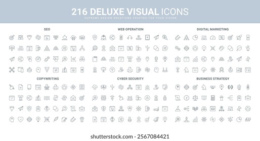 Strategy and tactics of business, digital marketing advertising campaign, SEO analytics line icon set. Copywriting and content of creator, cybersecurity thin black outline symbols vector illustration