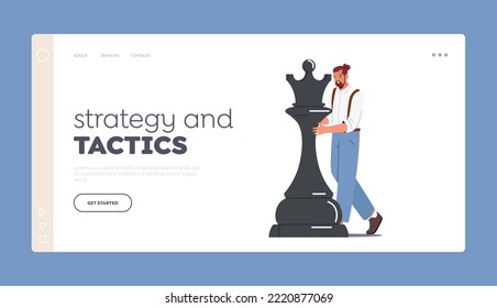 Strategy and Tactics Landing Page Template. Confident Man Wear Jeans on Suspenders Move Black Chess Queen Piece. Business Success, Leadership Metaphor, Strategic Thinking. Cartoon Vector Illustration