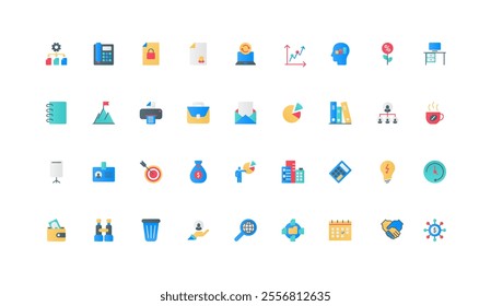 Strategy, tactics, office process of employee in corporate company color icon set. Work with document and email, coffee break and busy time, hierarchy of enterprise flat elements vector illustration