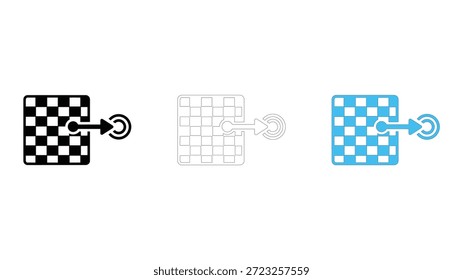 Conjunto de iconos de objetivo de estrategia que describe el concepto de éxito de planificación de objetivos en línea sólida estilo colorido pixelado de puntos para diseño corporativo