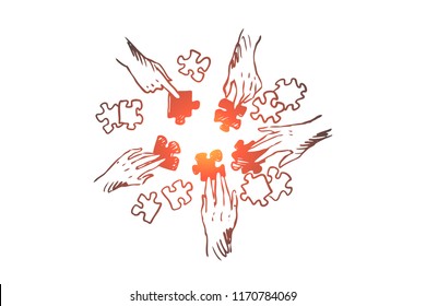 Strategy, Team, Teamwork, Tactics Concept. Hand Drawn Human Hands With Puzzles Concept Sketch. Isolated Vector Illustration.