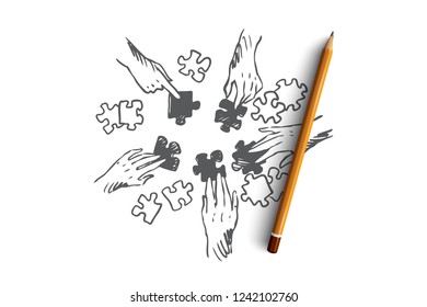 Strategy, team, teamwork, tactics concept. Hand drawn human hands with puzzles concept sketch. Isolated vector illustration.