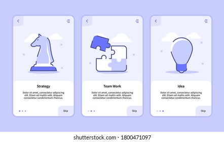 Strategy team work idea onboarding screen for mobile apps template banner page UI with three variations modern flat outline style