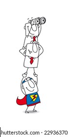 Strategy of the teamwork. A superhero carries on his shoulders two businessmen. It's a metaphor: the coach helps the team in their jobs and in their career perspectives
