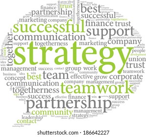 Strategy and Teamwork word cloud concept in vector isolated on white background