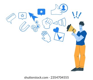 Strategy and techniques for digital marketing, SEO, and promotion in competitive business, concept of banner with promoter character, flat vector illustration isolated on white.