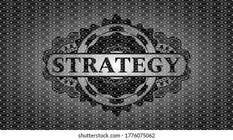 Strategy text inside black abstract badge. Pattern fancy background. Vector illustration. 