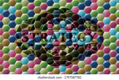 Strategy text inside Colorful candy multicolored realistic emblem. Hexagon exquisite background. Illustration. 