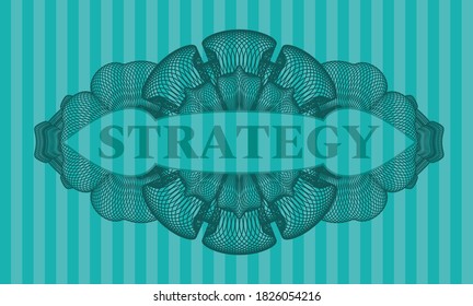 Strategy text inside Guilloche Turquoise color emblem. Bars fancy background. Intense illustration. 