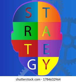 Strategy text mapped on a 3d themed face silhouette in multi color.

Pen, pencil, text and fill tools used to draw face silhouette and backdrop. No reference image used.
