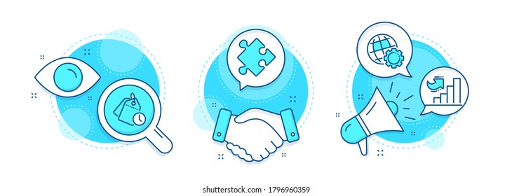 Conjunto de iconos de línea de estrategia, administración de tiempo y crecimiento. Contratos de apretón de manos, investigación y promoción de iconos complejos. Signo de globo. Rompecabezas, Etiquetas de reloj, Gráfico de diagrama. Configuración de Internet. Conjunto de educación. Vector