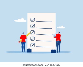 strategy or todo list for responsibility and achievement concept,businessman standing with pencil after completed all tasks checklist.Review plan concept