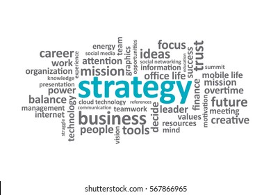 Strategy  - Typography graphic work, consisting of important words and concepts in the business world.