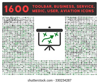 Strategy vector icon and 1600 other business, service tools, medical care, software toolbar, web interface pictograms. Style is bicolor flat symbols, green and gray colors, rounded angles, white