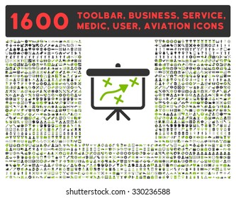 Strategy vector icon and 1600 other business, service tools, medical care, software toolbar, web interface pictograms. Style is bicolor flat symbols, eco green and gray colors, rounded angles, white