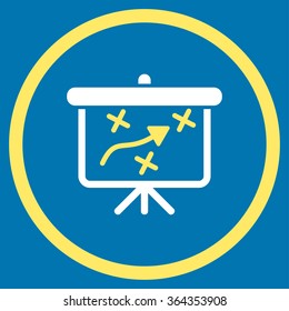 Strategy vector icon. Style is bicolor flat circled symbol, yellow and white colors, rounded angles, blue background.