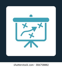 Strategy vector icon. This flat rounded square button uses blue and white colors and isolated on a dark blue background.