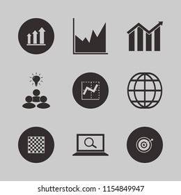 strategy vector icons set. with target, growing graph, globe and find concept in set